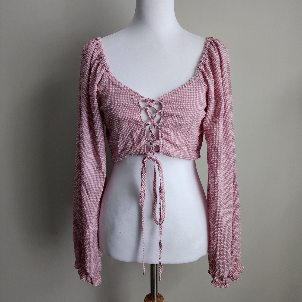 Little Mountain Tie Front Crop Top Womens‎ Large Pink Gingham Prairie Cottage